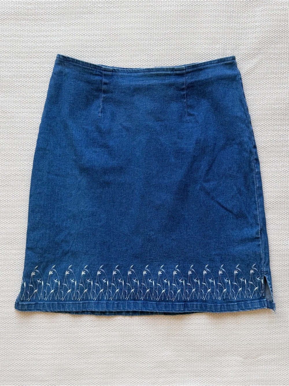 Style & Co. Dark Blue Denim Pencil Skirt with White Embroidered Hem